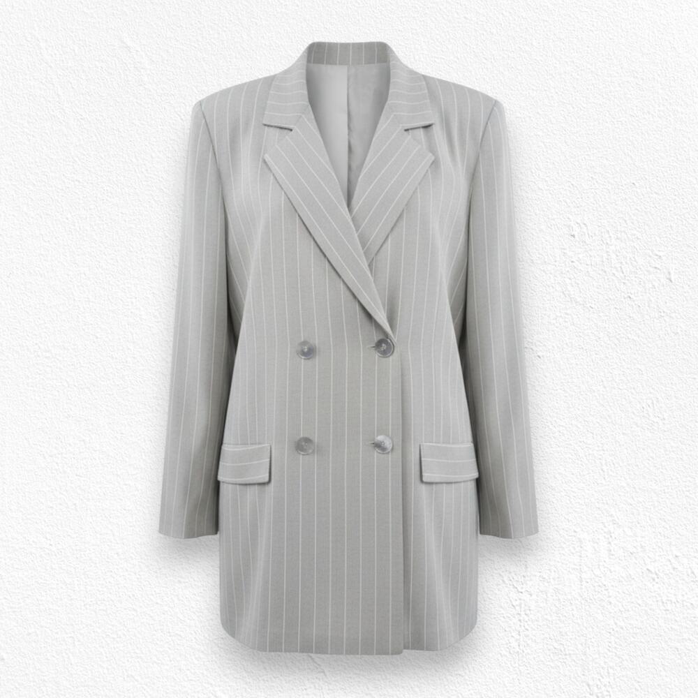 Vintage Beige Pinstripe Blazer Double Breasted 80s USA Longline Jacket Size 12